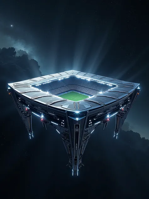 Giant futuristic football stadium floating in space.