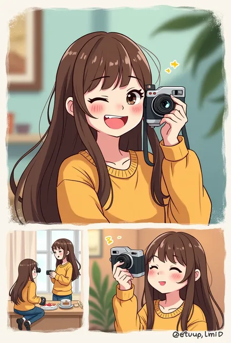 create a comic of a girl holding her camera, she should have Long Hair, Bangs, Brown Hair, Blush, Smile, 