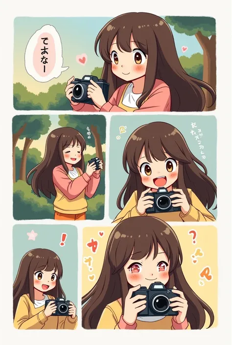 create a comic of a girl holding her camera, she should have Long Hair, Bangs, Brown Hair, Blush, Smile, 