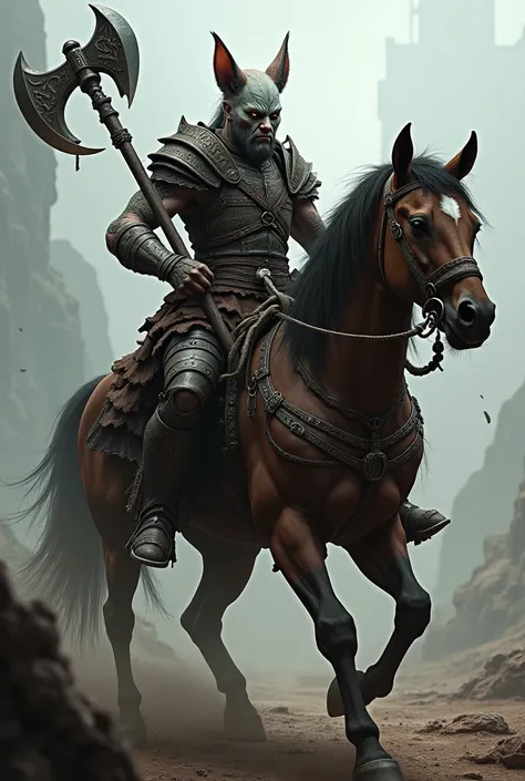  Human warrior with cat ears sitting on a fully armored horse Heavily armored and holding a giant battle axe in one hand