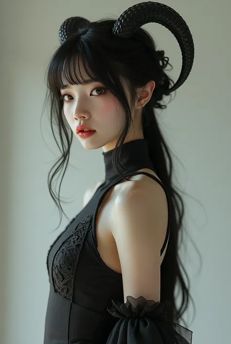 Chinese girl with skin tone colored horns. Black dress. Show her skin a lot. With bangers and black hair make her super pretty make her bangers fluffy . Give her jiggelly physics . Give her little black shoes . Make it realistic. Give her chinese dress wit...