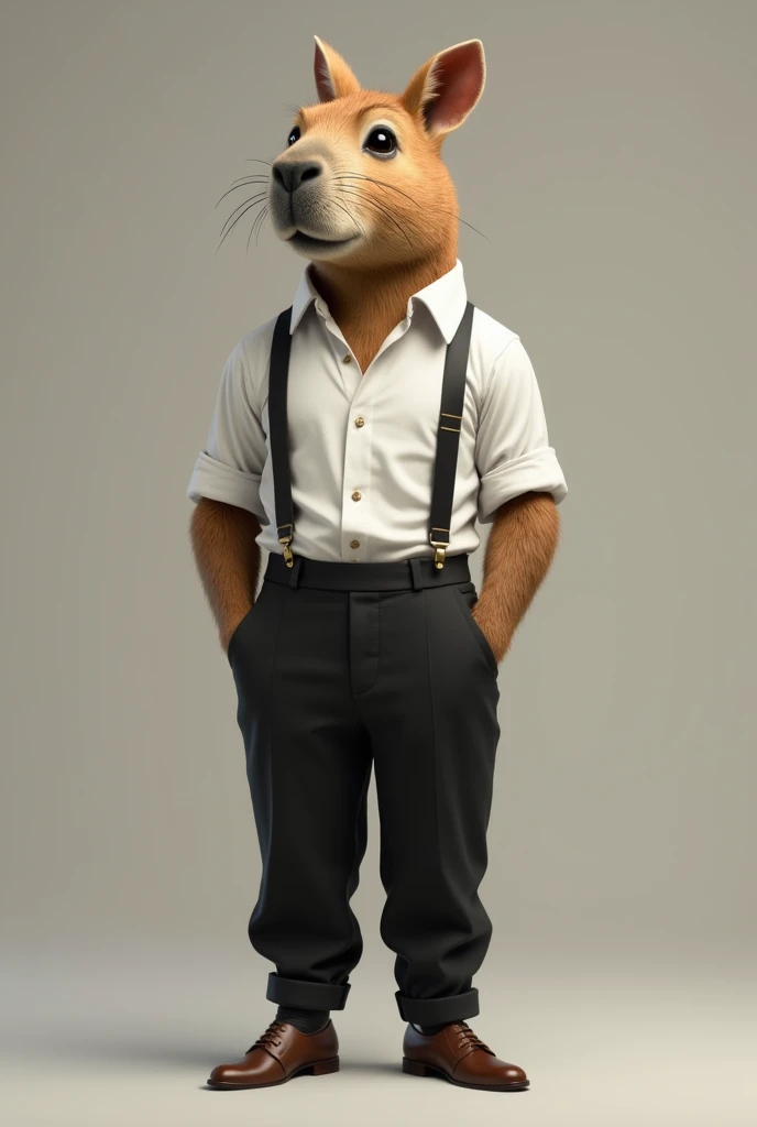 Humanoid capybara of
 slim body without a belly well dressed with a shirt, suspenders and black pants