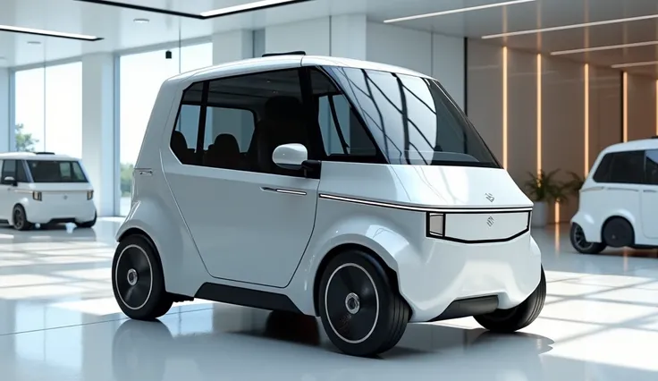 A image of right side view a (white) (2025 Suzuki Auto Rickshaw) in a showroom. The rickshaw  has a sleek design with a panoramic sunroof. The background sleek white is a modern white sleek showroom with a glass wall and a few other rickshaw