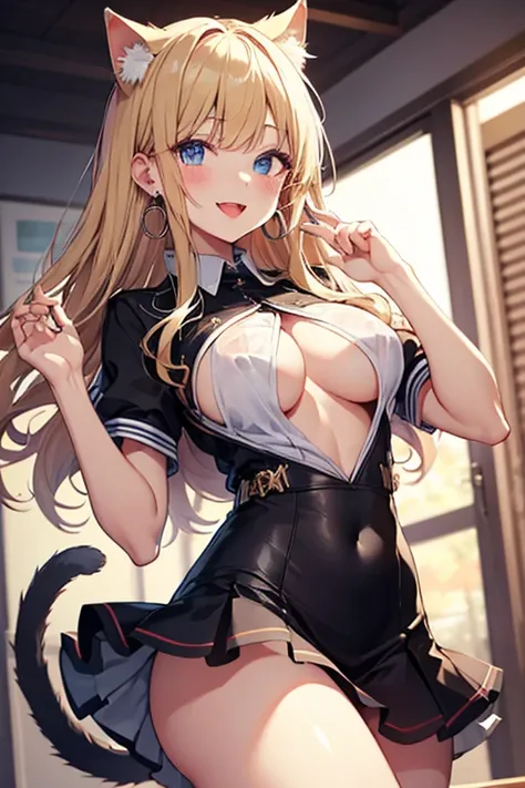 Smiling girl jumping high school chick,beautiful women, ultra detailed, beautiful body,skin tight, (underboob:0.9 vinylshirtskirt), (see ThRoUgH:1.1),  ultra details,open mouth,  big breasts , cat ears,  Blonde hair,  Double tails, Neat bangs,  blue eyes ,...