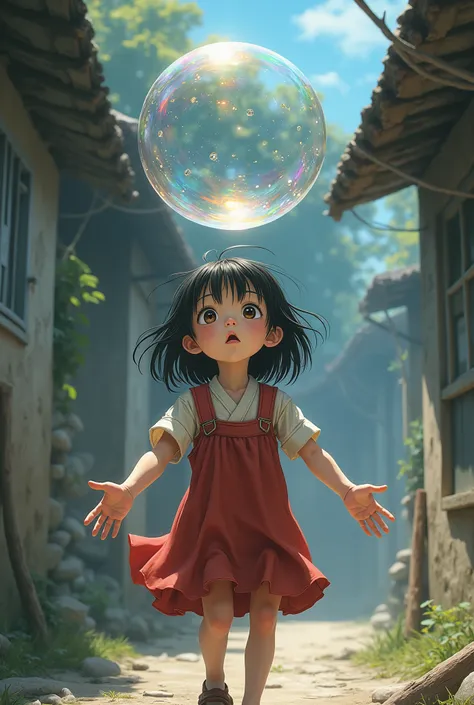  Japanese anime style,Shabby looking girl , face, tries to grab a beautiful bubble with both hands,