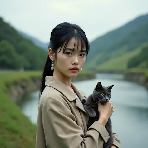 A Japanese woman in her 20s with black hair combed back, wearing a coat and earrings, holding a cat, on a riverbank in the countryside, real photo, ultra-high resolution, 4K