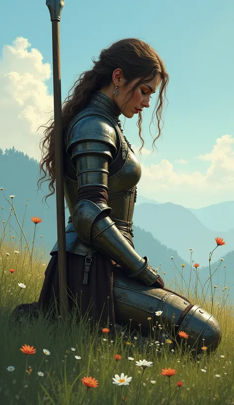 A female warrior in the Middle Ages sitting on her knees in a meadow with a spear stuck behind her back and her head down.