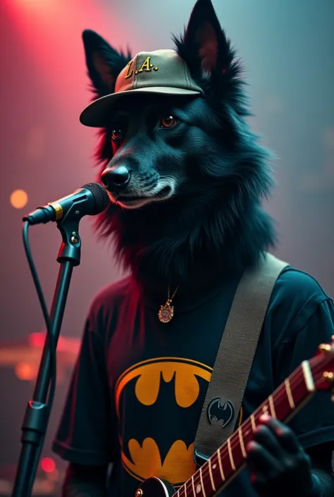 Dans un style ultra réaliste hyperréaliste étrange burlesque bizarre un homme anthropomorphe avec une vraie tête de chien noir type et border collie tout noir habillé en rappeur une casquette sur laquelle est écrit "LA" en majuscule, un t-shirt de Batman s...