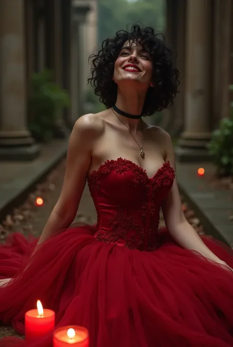 brunette woman, very beautiful, Short black curly hair ,  she is wearing a beautiful dress with a corset like a wedding dress but all red,  the place she is in is a cemetery ,  she is a transvestite transvestite woman ,  on the floor she has red candles  ,...