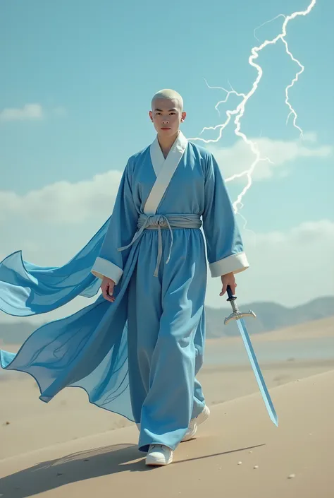  Man with the characteristics of actor Cha Eun Woo, Very white bald skin ,  sapphire blue eyes,  high, impressive, I was walking on a Dune with a serene expression,  with a lightning sabre in his hands ,   her beauty was that of a God .


