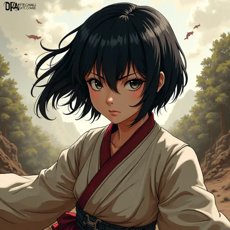 A determined girl with short black hair, intricate and powerful, highly detailed, digital art by Hajime Isayama and Akira Toriyama. Battle-scarred landscape background, warrior outfit, fierce gaze, masterpiece, dynamic pose: 1.2, hdr, high definition