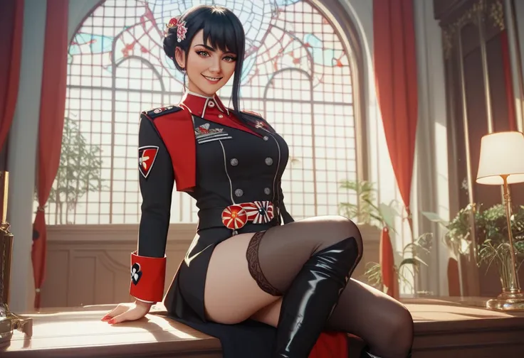  Beautiful Japanese anime character wearing a black military uniform in the style of Nazi Germany、 black tights、 thigh high boots、 slender、 black hair、 provocative smile 、High image quality、  High Quality  、  A masterpiece、 High definition background , Ins...