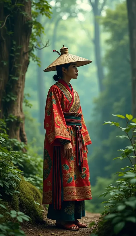 Wearing a hat, forest in the background, national style clothing