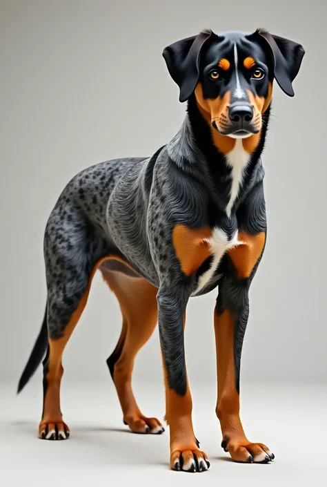 Une chienne de taille moyenne avec un gabarit sportif et fin, Beauceron arlequin croisé. Son pelage est tacheté de marron, gris, noir, et un peu de blanc, poil mi-long de couleur grise avec des taches noires. Elle a un torse blanc et le bout de sa queue es...