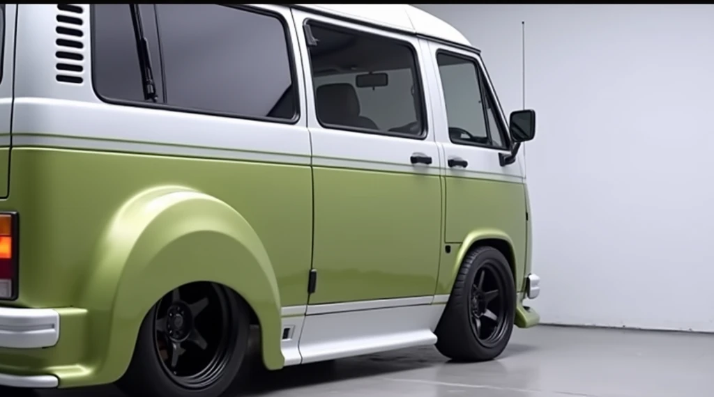 modified van with a unique two-tone green and white paint scheme, featuring a distinctive bulging wheel well on the left side. The vehicle has sporty black alloy wheels and an overall retro aesthetic, set against a plain white background in a spacious indo...