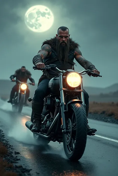 Bad-faced Vikings riding black motorcycles on a rainy road under the moon