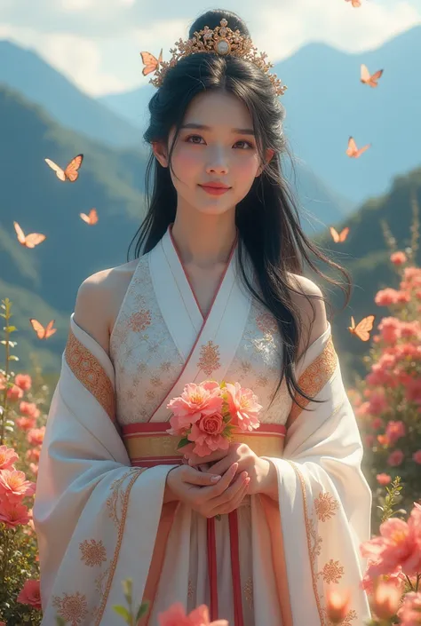 A beautiful beautiful black haired and bushy Korean woman wearing a Japanese queen dress is picking beautiful flowers while smiling sweetly against the background of mountains and many butterflies flying 