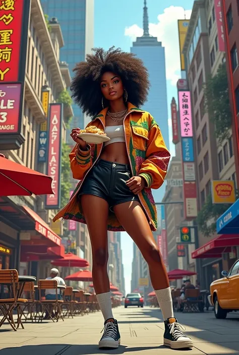 Black woman with voluminous curly hair, Modern flair. Colorful vintage jacket, leather shorts, sneakers and high socks. It&#39;s in a big NYC style city eating at ber