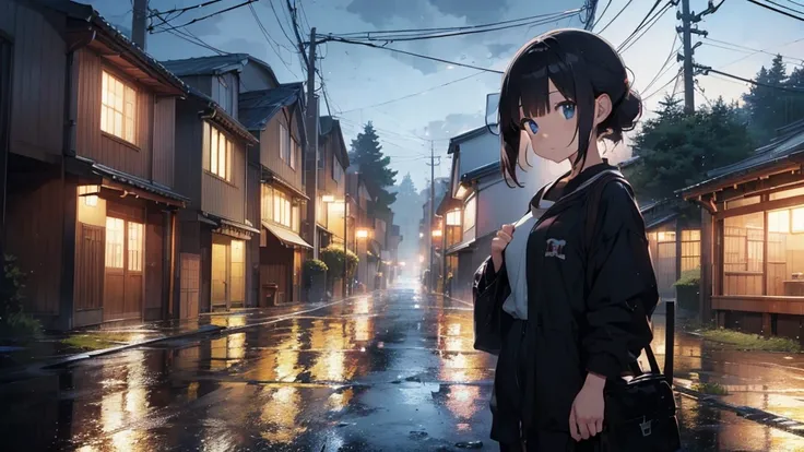 (masterpiece, best quality, 4k anime background), japan, depressive, heavy rain