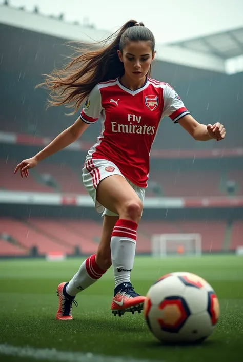 1 adult cute female  stacking crop brown  hair,, wearing arsenal jersey  shoots at the goal,, emirates  stadium,,realistic,, perimeter 2,, makeup,, big chest,, large buttocks,, full body,, rainy day