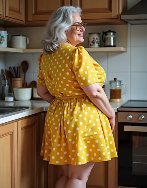 A fashionable an older woman, 80years old, older, 1 plus size model, sexy and hot, silver wavy hair, big boobs, big hips, fashion model, very wrinkled face and body, smile, huge hips ,huge ass, wide hips, wide thigh, huge thigh, A beautiful, plus-size matu...