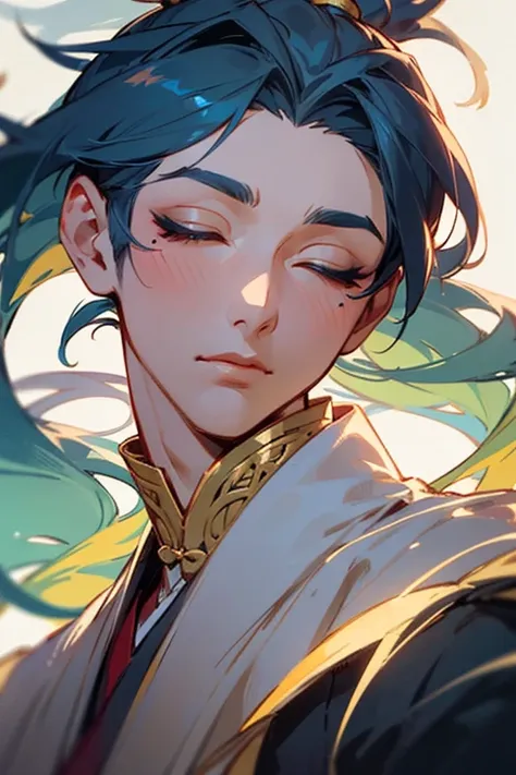 A xianxia style character who is a man with a beautiful face with makeup and flowing clothes with intricate details in them with Ling hair in a ponytail and a soft face with closed eyes
