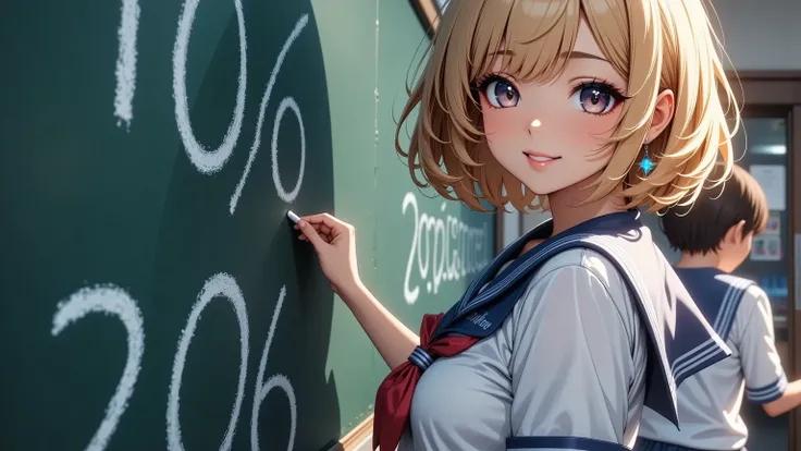  joyful female students  ,   sailor suit ,   posing by pointing at the blackboard  , ((( posing in front of a blackboard  ,   background:"JK style FLUX "))),   soft-focus  , (  High Quality ,4K,8k, high definition , masterpiece :1.2), super detailed, ( Gen...