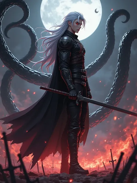 Anime warrior with red eyes and long white hair in a gothic combat costume， strong body，Young and handsome，Turn sideways，There is a flame under your feet，Standing on a battlefield full of swords. 8 thick tentacles stick out from behind him，Black demonic sc...