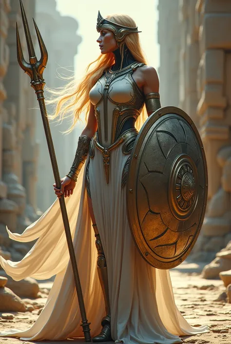 The goddess, Athena, Greek military armor, flowing blonde hair, large round aegis shield, trident, and centurion helmet, highly technologically advanced and cybernetically enhanced. High Resolution, Masterpiece, Award Winning, Best Quality, High Details, H...