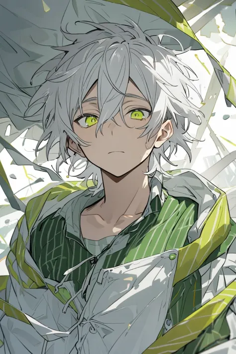 A young boy with untidy white hair, yellow-green eyes, and a crumpled windbreaker with yellow-green stripes on white