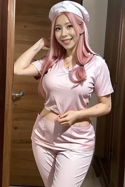 masterpiece,  best quality,  super detailed, nurse, Pink Hair, Medium Hair , half up,Big hips,  smiles lightly, hospital,White handbag,White nurse uniform,Pink Eye,chubby,  nurse cap ,  small breasts,nurse ボトムス,Stethoscope, white pants,
,  best quality,   ...