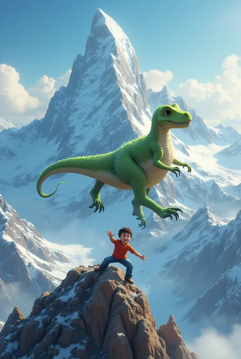  boy and a small green dino fall on top of a mountain and swim into the distance