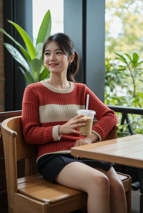 Asian young woman with dark hair pulled back, wearing a red and off-white horizontally striped long-sleeved sweater and a short black pleated skirt, sits on a wooden chair in a cafe. She holds a clear plastic cup of iced coffee. The background includes a l...