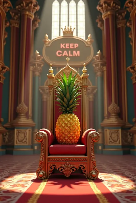 a castle,  where in the middle there is a throne with a pineapple , That pineapple must have a crown .  And the castle must have a huge sign where it says: KEEP CALM