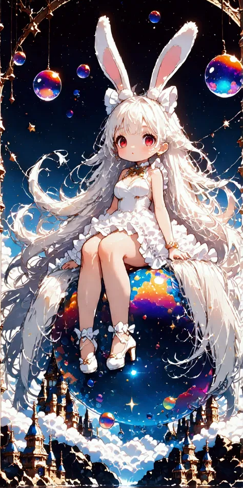 solo,1girl((chibi:1.3),cute,kawaii,(white hair:1.7),(very long hair:1.7),bangs,(ear(fluffy white bunny-ear):1.4),(red eye),big eye,beautiful shiny eye,skin color white,big hairbow,(white frilled dress:1.3),breast,white rabbit tail at hip, (sit on (bubble:1...