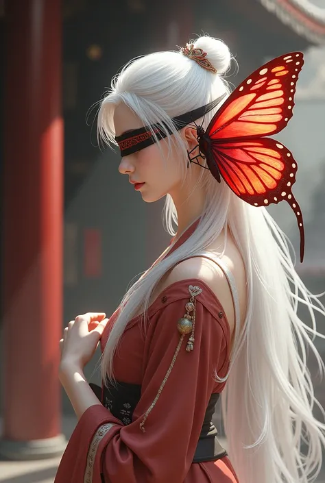 Ancient Chinese character, female, white hair, turned to the side, 1 large red butterfly, blindfolded