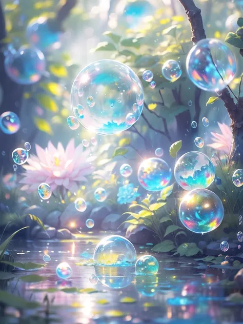 Magical bubbles、Distant view of the lake,Super cute slime,Reflects light,Colorful Bubbles,, super detailed, best quality, soft lighting ,  Fantasy Style ,  bright color