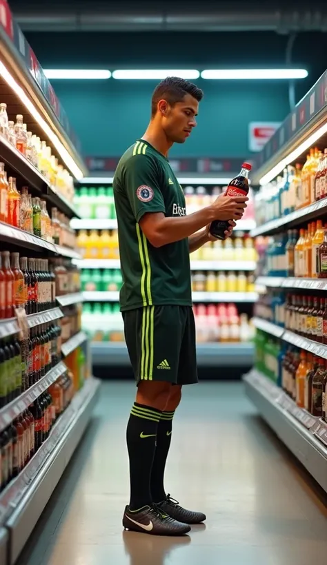 Ronaldo shopping in a grocery store, in the drinks section holding a Coca-Cola bottle.Create an image of Ronaldo casually shopping in a well-lit grocery store. He is standing in the drinks section, holding a Coca-Cola bottle in his right hand while looking...