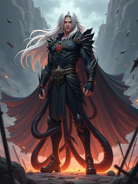 Anime warrior with red eyes and long white hair in a gothic combat costume， strong body，Young and handsome，Turn sideways，There is a flame under your feet，Standing on a battlefield full of swords. Eight thick tentacles grew from his waist，Black demonic scen...