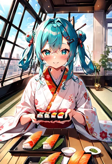 (hatsune miku:1.2), (blush:1.4), (gleaming skin, shiny skin:1.4), (kimono, gorgeous:1.4), (japanese hairpin:1.4), (sushi:1.4), (luxurious penthouse, indoor rooftop sushi restaurant, tatami:1.4),