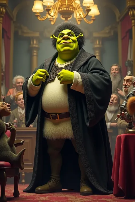 Shrek character wearing auction judge outfit 