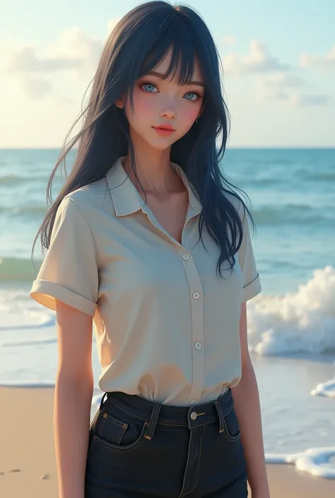 1girl, young woman, cute, soft face, blue eyes, dark blue hair, no fringe, straight hair, at the beach, slim body, medium chest, cute polo, black jeans