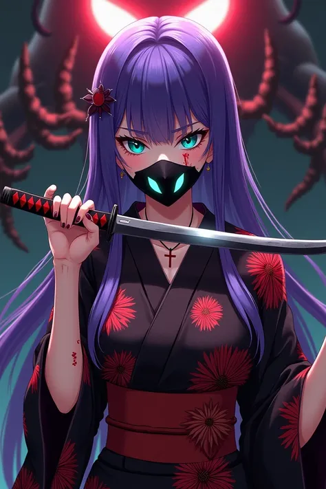 An anime character 
Woman  .
 Straight purple hair color
Your small eyes 
Eye color turquoise
Venom mouth mask
Her outfit is a black and red floral kimono 
On your neck a cross necklace
With a katana surrounded by blood on her hands 
And behind your evil s...