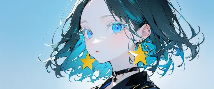  Minimalist ，Stylish girl， dark green hair ， blue background， wear special earrings，Transparent eyelashes， bright blue eyes 、black choker with ３ golden stars、