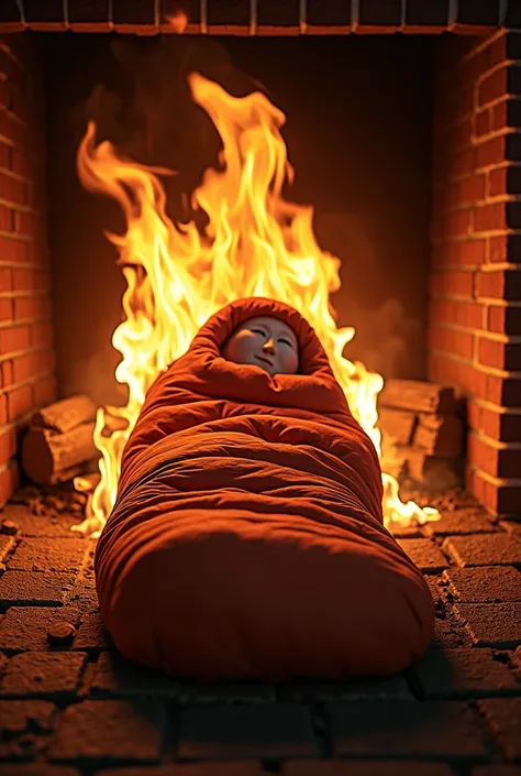 SLEEPING BAG BURNING IN A FIREPLACE