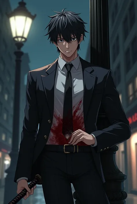 a man in a black suit and tie leaning against a lamp post, holding a katana in his left hand and placing his right hand on a wound on his stomach, looking directly at the camera, detailed anime style, high quality, 8k, photorealistic, hyper detailed, drama...