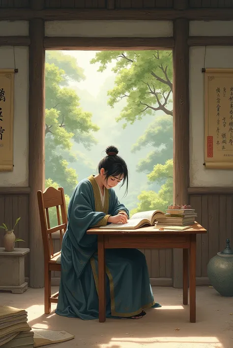 Old era, a poor student immerse in books Chinese painting style