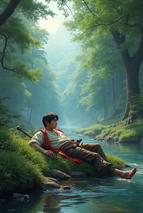 Forest。Riverside。Adventurers who sleep on their backs 。 fantasy world adventure。２０Year old Japanese man。 Medieval Europe 。Lightly Armed。