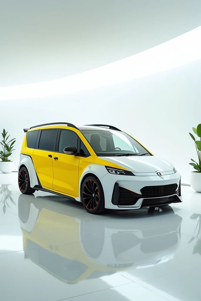 A captivating image of a 2025( luxury van) taking center stage in a luxurious white showroom. The futuristic, vibrant (  white yellow ) exterior gleams, showcasing its sleek, aerodynamic design and bold accents. The sides  view highlights the cutting-edge ...