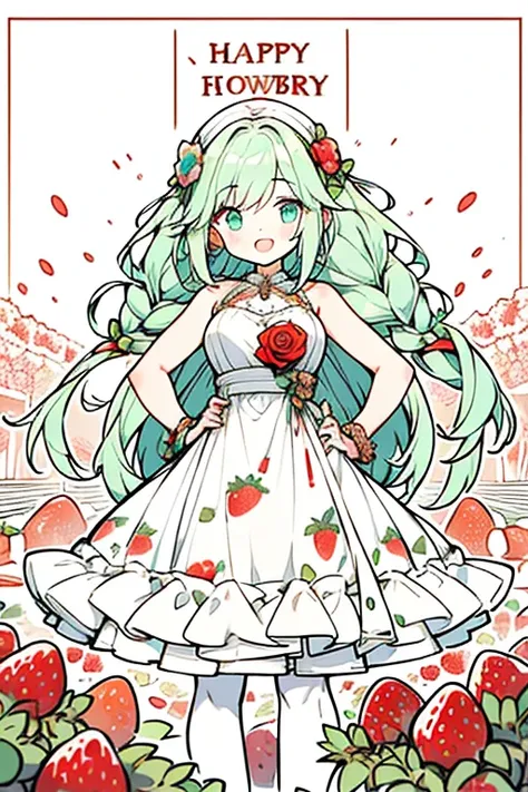 1girl, wearing a (rose print) dress, in a ((strawberry field)), happy and smiling, mythical world with giant fruit  🍓, foamy teal light muted color palette🎨, hands in hips, energetic, fashion dress, fruits, long hair in braids, foam green hair